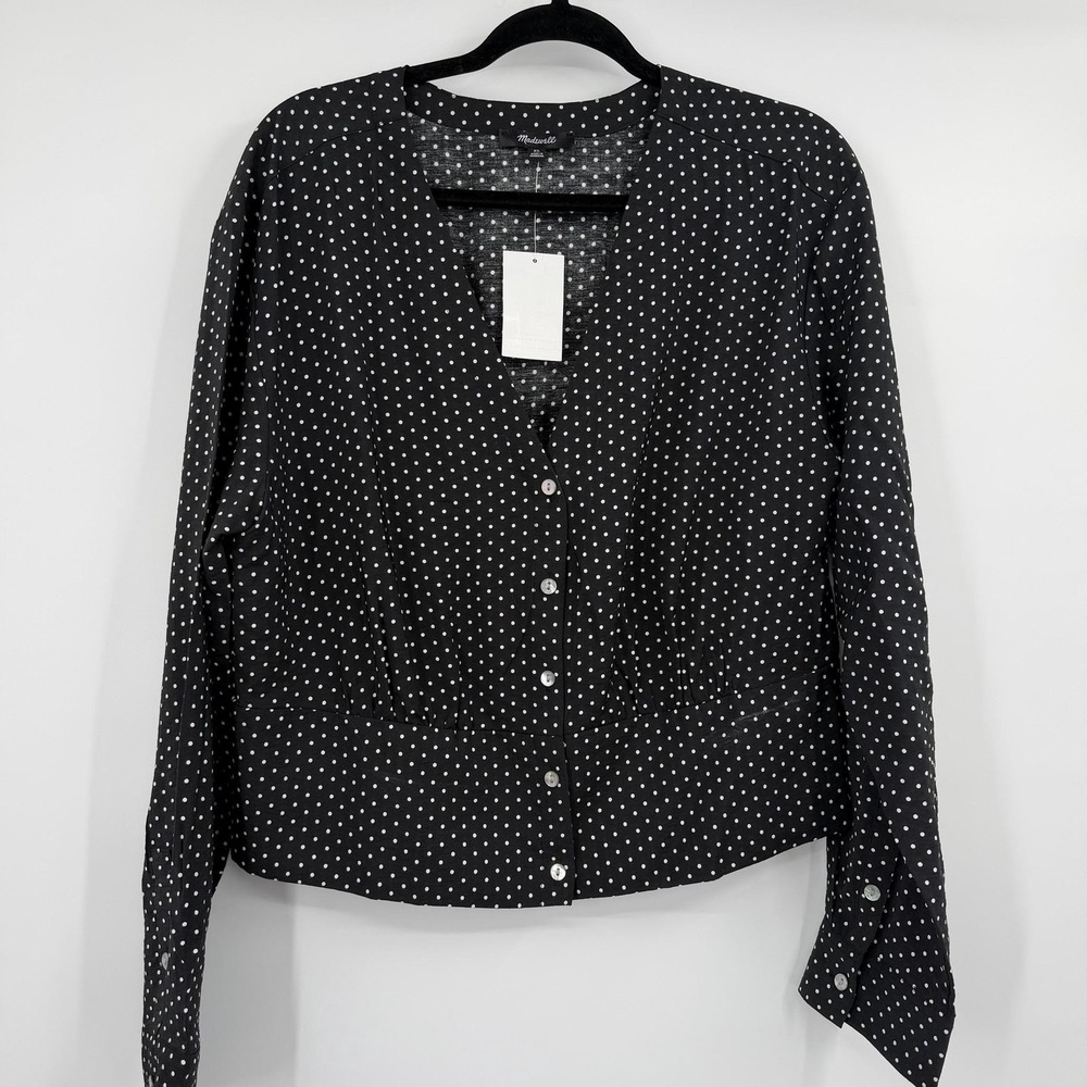 Madewell Blouse Womens XL Black V-Neck Long Sleeve Polka Dot Cropped Lightweight